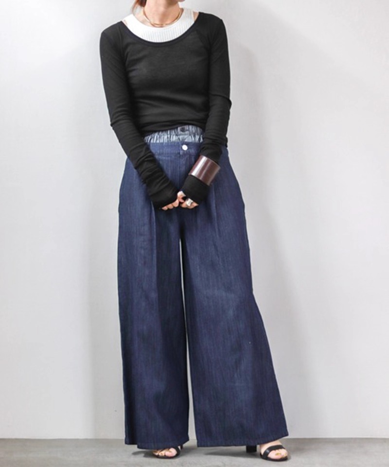 レディース パンツ ボトムス デニムパンツ ロング フルレングス ワイド ストレート タック ポケット コンサバ アメカジ デニム ブルーデニム 薄手 大人可愛い シンプル カジュアル おしゃれ