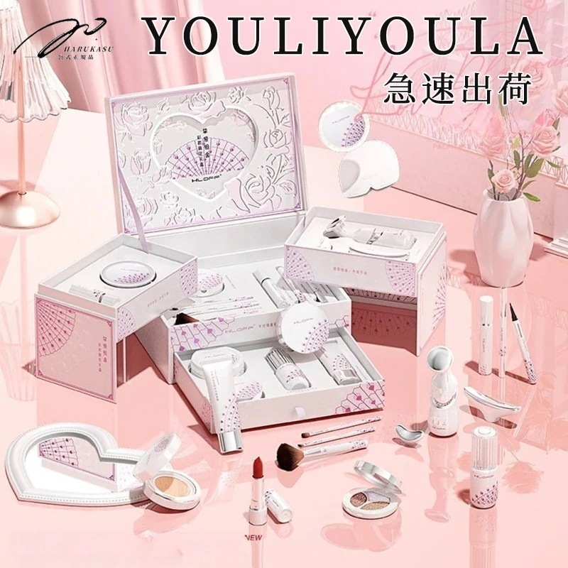 メイク初心者必携！6 点入りベーシック化妆品セット 粉餅・口红・眼影・腮紅・高光・眉筆を一括収納自然メイクに必要なアイテム全て揃い旅行持ち運びに便利