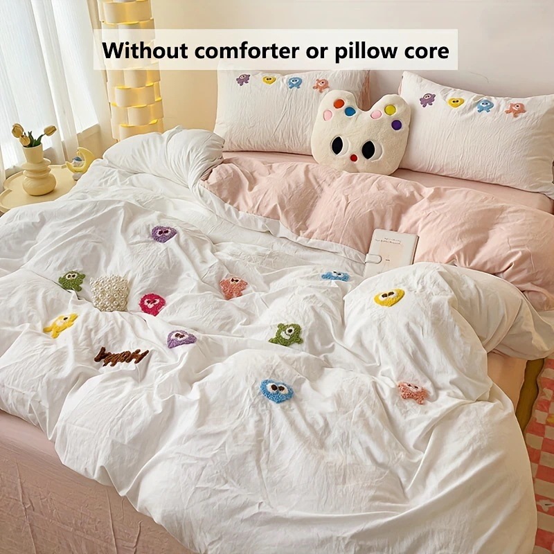 4点セット肌に優しい超ソフトマイクロファイバー製寝具漫画のモンスターアップリケ付き通気性吸汗洗濯機洗い可（掛け布団カバー1枚枕カバー2枚シーツ1枚詰め物なし）寝室の装飾にポリエステル orange