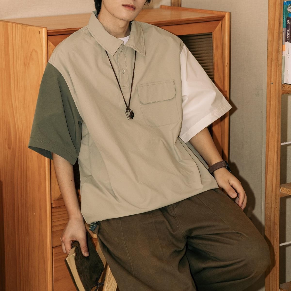 南河日本製ステッチコントラストカラー半袖ポロシャツ夏用ユースルーズシャツ襟ワークウェア半袖tシャツ男性用