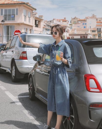 デニムワンピース トップス カジュアル ブルー 青 ミドル丈 袖あり 半袖 襟付き Ａライン ボタン