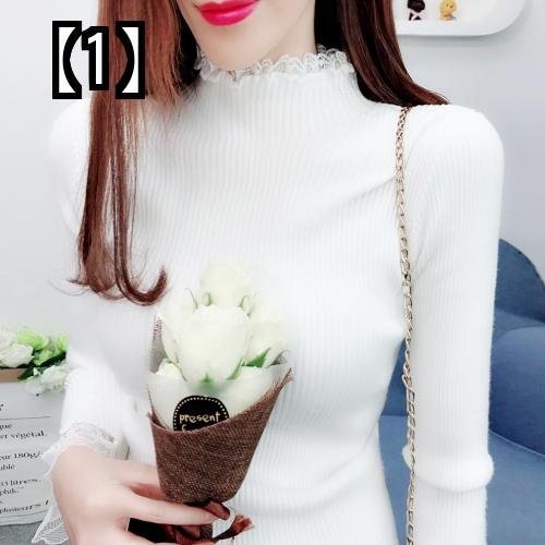 トップス ニット レディース レース リブ ハイネック セーター プルオーバー 秋冬 韓国 フリース おしゃれ