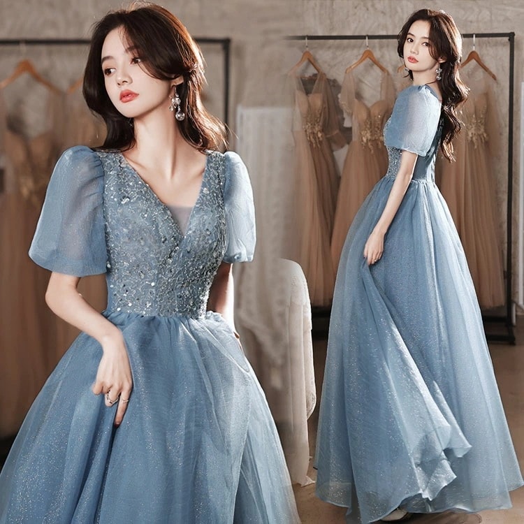 イブニングドレス ブルー グレー ロングドレス 発表会ドレス パフスリーブ Vネック パーティードレス Aライン ロング ミディアム丈 2タイプ 結婚式ドレス 二次会ドレス ミモレ丈ドレス XS S