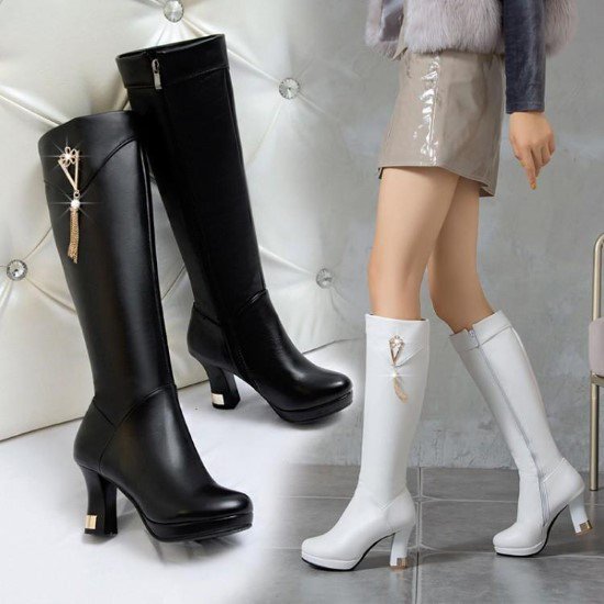 【取寄：納期2週間】ロングブーツ レディース ブーツ 靴 シューズ ロング丈 白 黒 ホワイト ブラック 太ヒール サイドジッパー 秋冬 タッセル 装飾 カジュアル お出掛け おしゃれ きれいめ