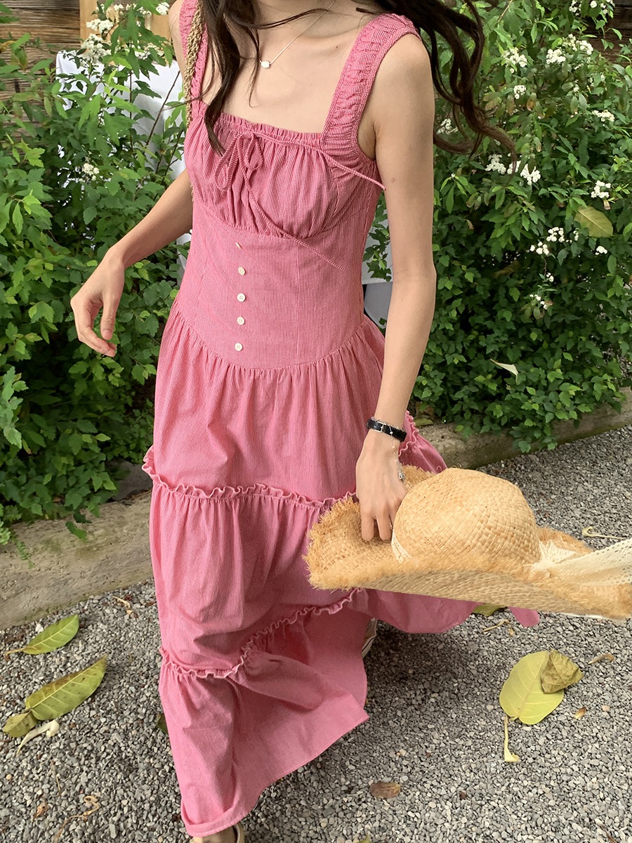 リゾート風レディースロングスカート 夏用 スクエアネック プリーツリボン Aラインサスペンダーワンピース 5,793円