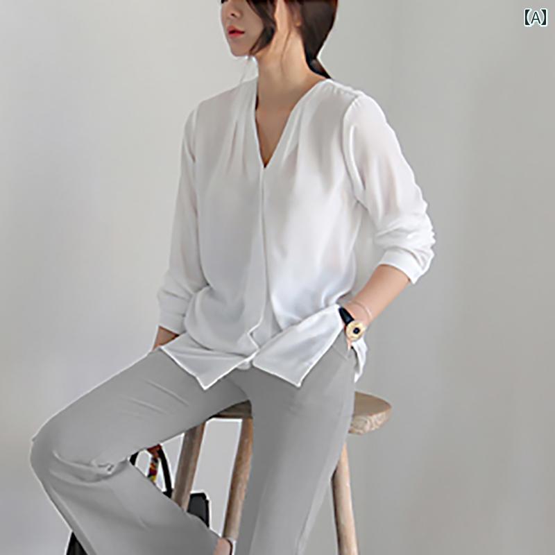 レディース トップス おしゃれ エレガント 通勤 オフィス カジュアル 長袖 シャツ シフォンシャツ 夏 シャツ シンプル Vネックス トレンド