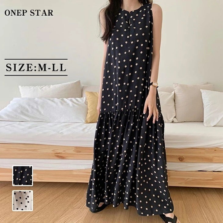 【在庫一掃】ワンピース ノースリーブ ロング マキシ マキシ丈 ドット 柄 ギャザー ゆったり 体型カバー ゆる ブラック グレージュ 黒 灰色 レディースファッション 20代 30代 40代 50代