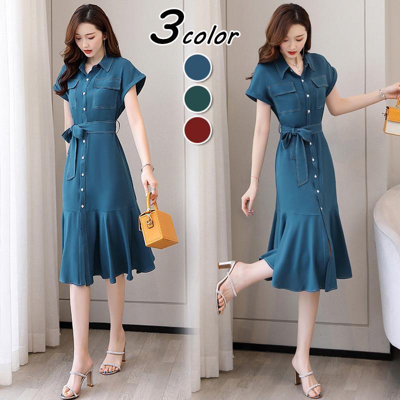 シャツワンピース レディース 40代 きれいめ マキシワンピース 春夏新作 半袖ワンピース 無地シフォン フレアスカート オシャレ韓国風 大人 カジュアル 5,437円