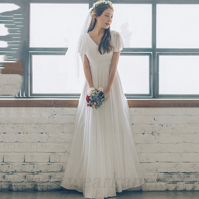 マキシワンピース ウエディングドレスシフォン 韓国風 オシャレ ゆったり 通勤 大人 上品 着痩せ 可愛い エレガント Aライン 白 ロング丈 旅行 海デートVネック