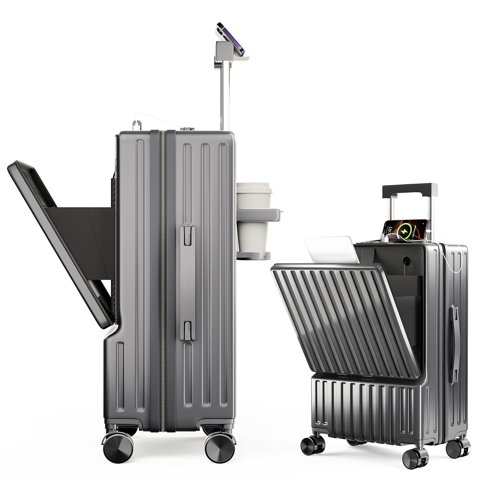 [SupTrip] スーツケース フロントオープン 多機能 キャリーケース 機内持ち込み 軽量 カップホルダー付き 隠しフック機能 キャリーバッグ USB+Type C充電機能 携帯スタンド TSAロ