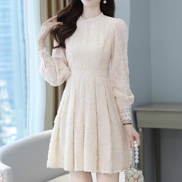 レディース ワンピース ドレス ショート 長袖 セミフレア Aライン フェミニン タック レース ウエストマーク ファスナー ハイウエスト 透け感 ボタン 切り替えデザイン ドッキング かわいい