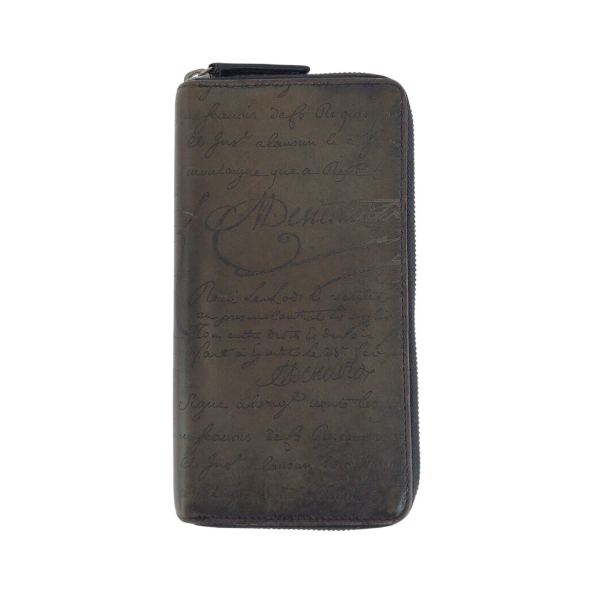 美品 カリグラフィ スクリット イタウバ ネオ ブラウン シルバー金具 レザー 長財布 ラウンドファスナー メンズ 504530