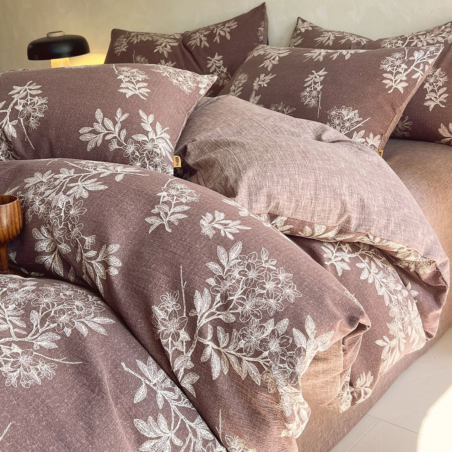 秋冬用オールコットンリネン4点セット厚手純綿シーツと羽毛布団カバーレトロ花柄フィットシーツ3点セット