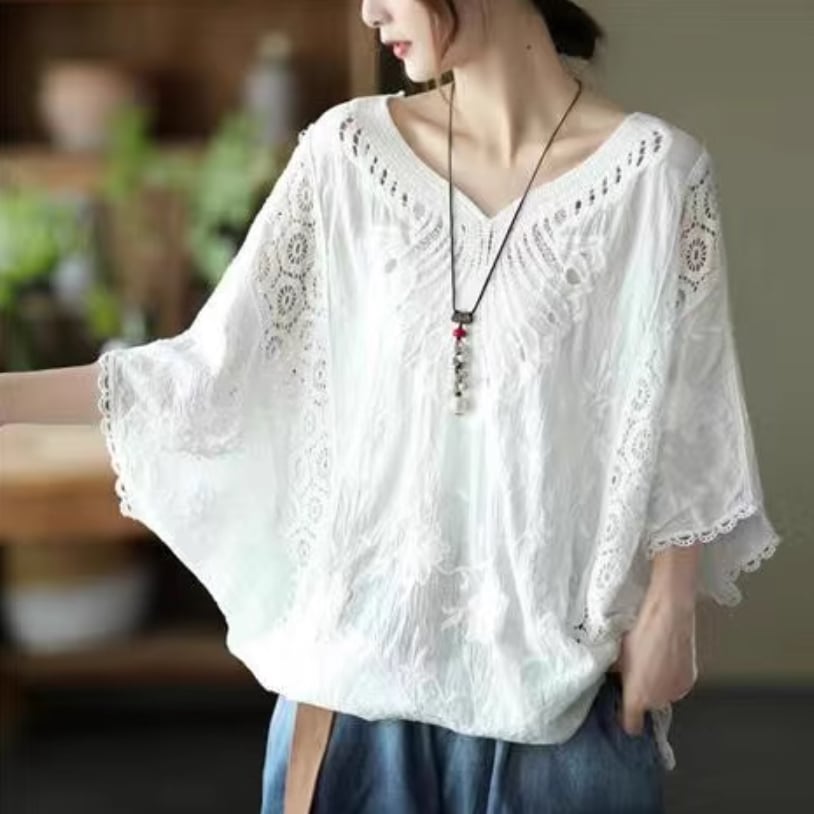 レディース トップス シャツ ブラウス プルオーバー バットスリーブ 7分袖 Vネック 襟なし ワイド レース 透け感 薄手 かわいい 大人可愛い きれいめ シンプル カジュアル 上品 おしゃれ