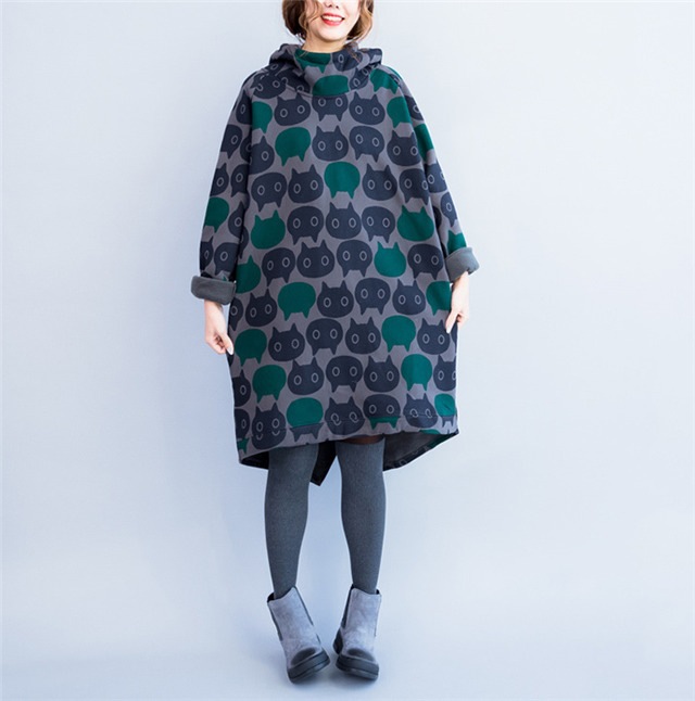 ワンピ レディース 長袖 秋冬（W-220 冬服 防寒 かわいい ハイネック フード付き 厚手 膝丈 　ワンピース チュニック 猫柄 裏起毛