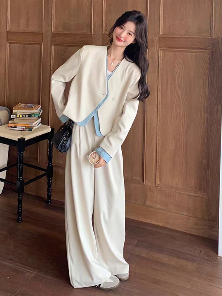 韓国 高度なセンス ファッション ベージュ・アプリコット・ブレザー スプリング 新作ワイドパンツ2ピース カジュアル・スーツ 韓国 セットアップ セットアップ スウェット セットアップ ジャージ