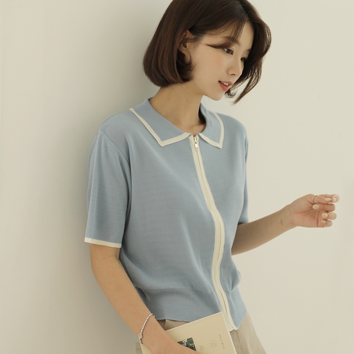 [韓国ファッション] 襟付き ハーフスリーブ ジップアップニットカーディガン