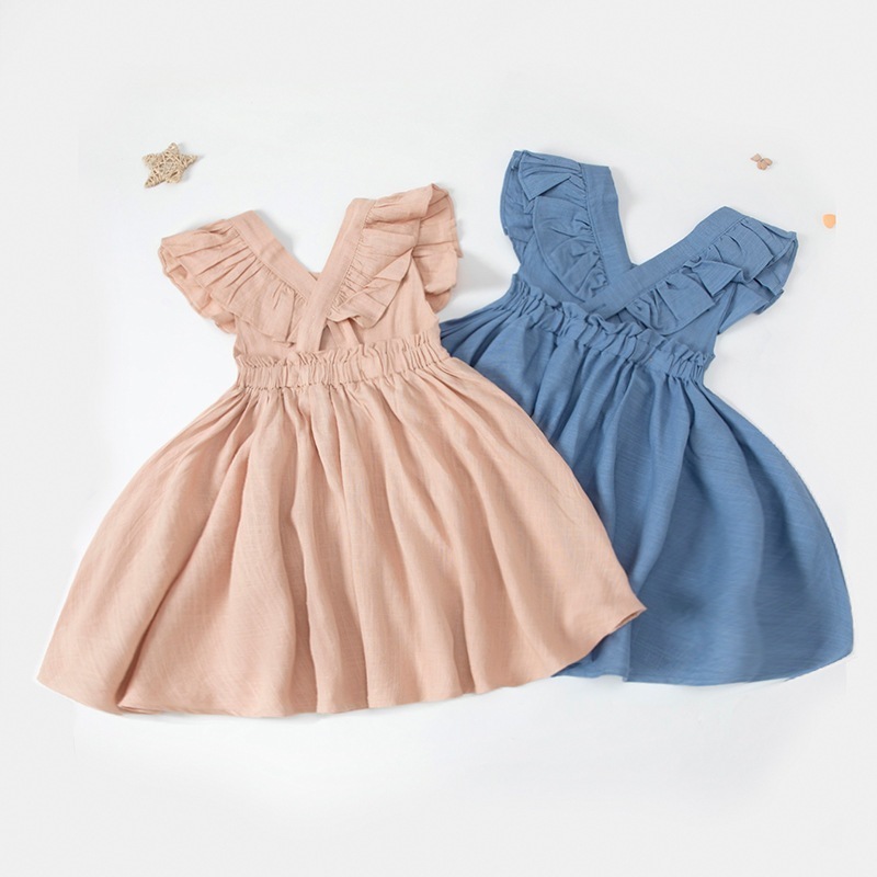 【1つ買うと10つ無料】2025夏の子供用ドレスコットンラインサスペンダースカートボタンウッド耳耳投資スカートかわいいプリンセススカート