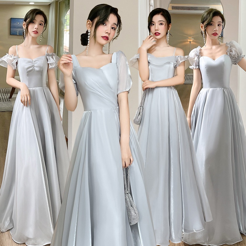 【1つ買うと10つ無料】灰色の花嫁介添人服2025夏の妖精の気質スリミング女性卒業シーズンのパフォーマンスはドレスを着ることができます