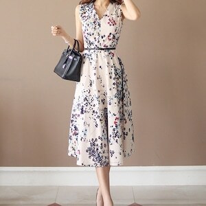 【送料無料】レディース フラワー Vネックノースリーブ ワンピース ハイウエスト 大人可愛い