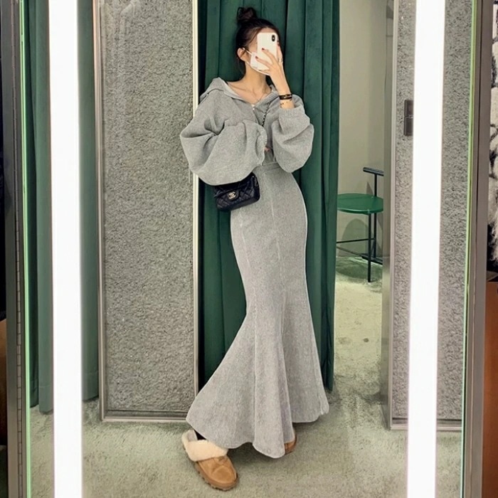 セットアップ 2点セット コーデュロイ トップス パーカー フーディー スカート ロング丈 レディース きれいめ カジュアル 大人 可愛い 体型カバー 韓国 ベージュ グレー ブラック 黒 春 秋 冬