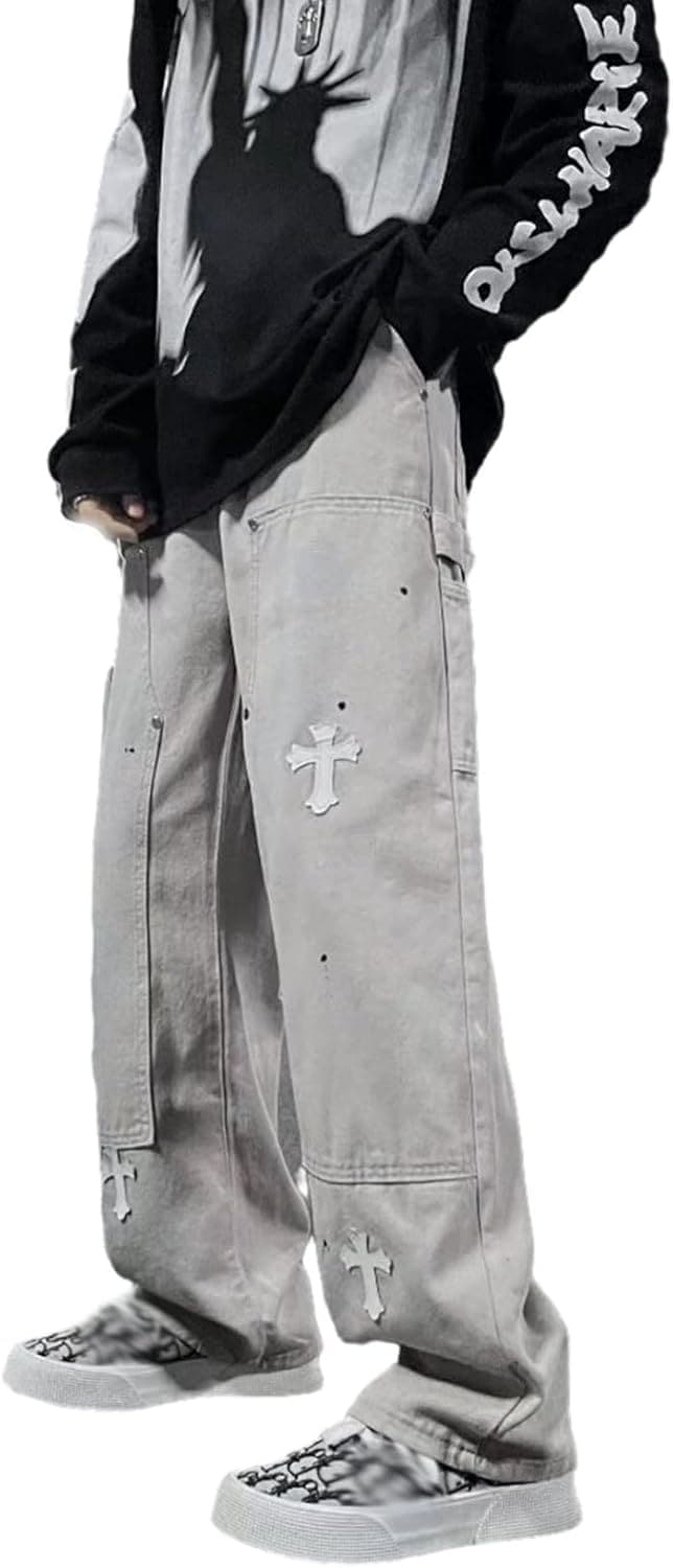 デニムパンツ ジーンズ メンズ 十字架 刺繍太め ワイドパンツ 大きい 紳士用 ストリート 原宿系 袴パンツ ボトムス 大人 かっこいい 個性 hip hop アウトドア スポーティー 春夏秋 ビター
