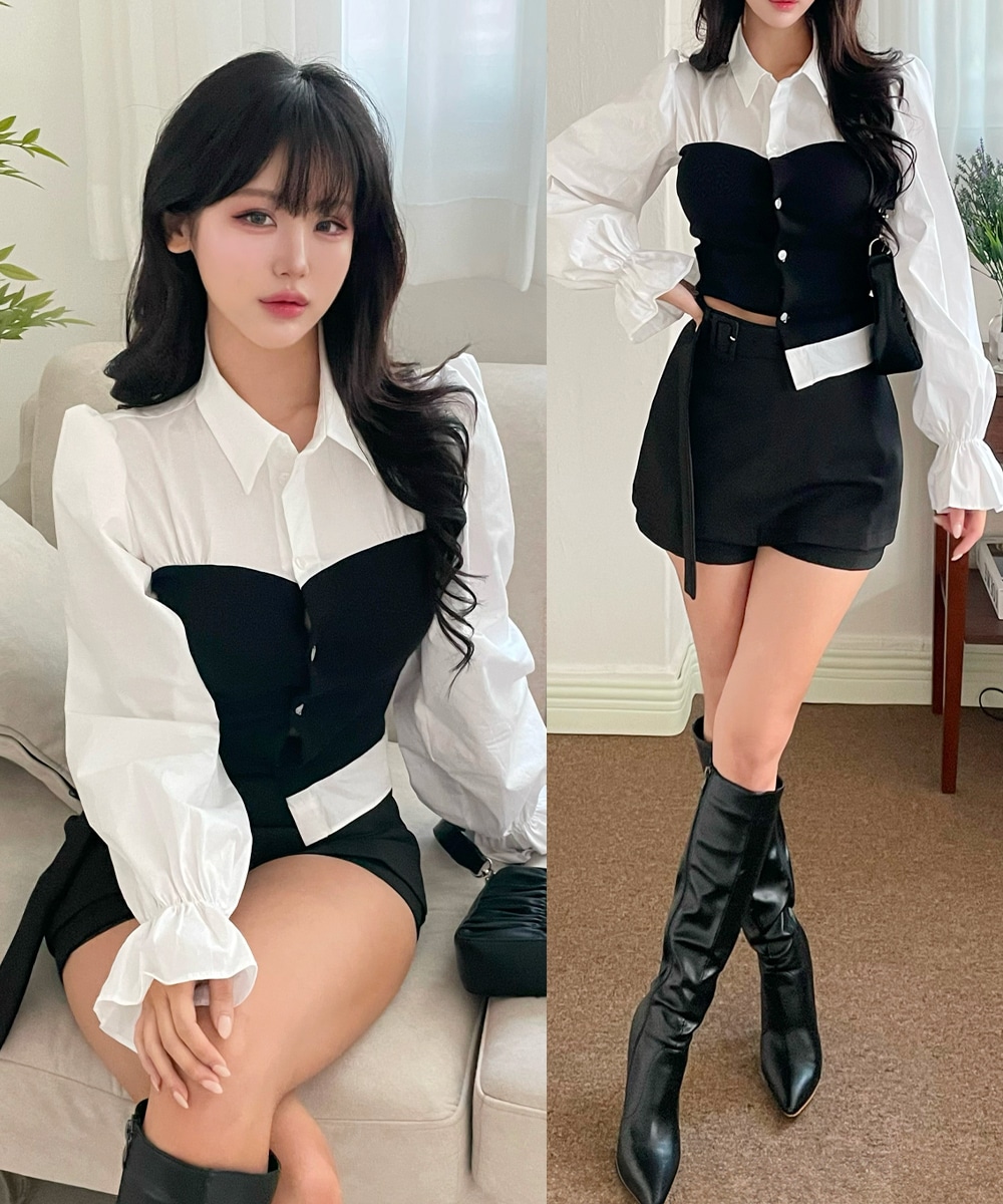 クロップ カラー シャツ スリム ブラウス