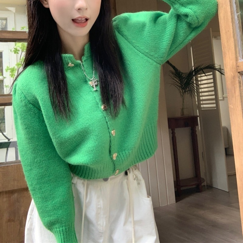 カーディガン ニット ショート丈 カラフル ハートボタン パフスリーブ ビビットカラー 韓国 レディース オルチャン 長袖 Uネック ラウンドネック 前開き かわいい 大人可愛い きれいめ