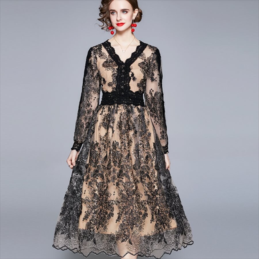 ロングドレス ドレス dress 衣装 ワンピース パーティードレス パーティドレス ロング ロング丈 マキシ マキシ丈 袖あり 長袖 Vネック Aライン フレア レース フォーマル