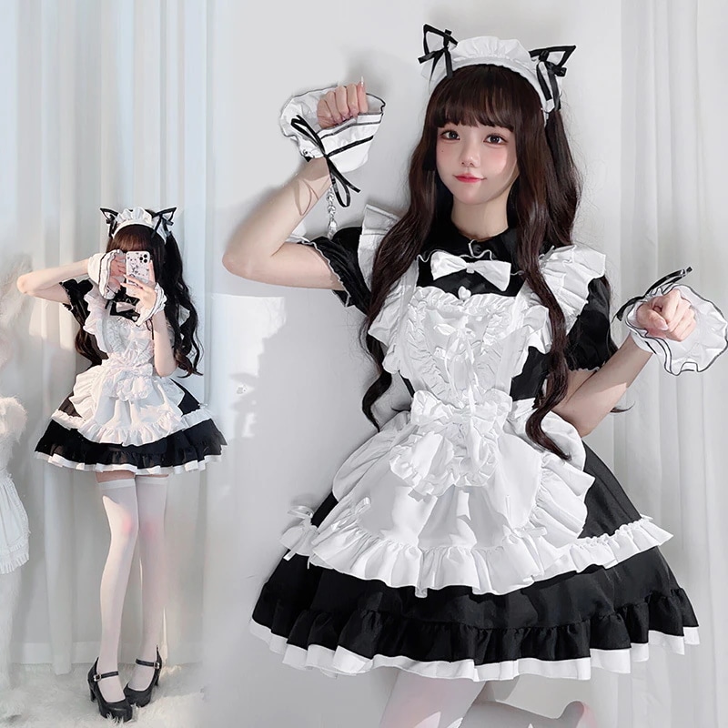 ダークゴシックスタイルの白黒メイド服ロリータロリータアニメコスプレ宮殿コスソフトガールドレス