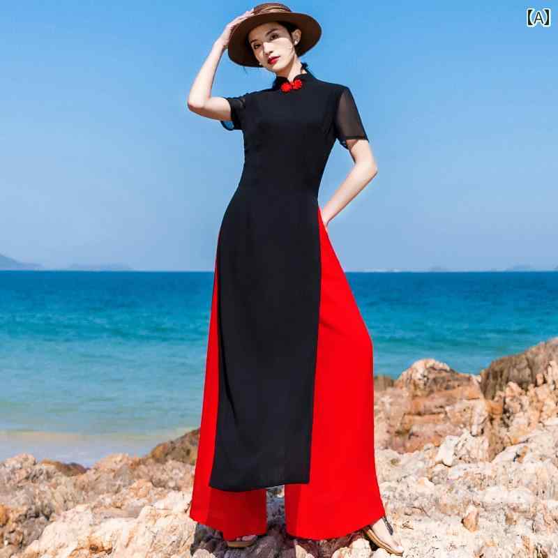 アオザイ チャイナドレス レディース ベトナム レトロ トレンド スタンドカラー ロング パフォーマンス シフォン ワイド パンツ スーツ ブラック レッド