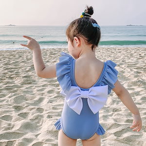 水着 女の子 ベビー水着 女児 ワンピース 子供用 リボン こども フリル袖 みずぎ かわいい ノースリーブ 赤ちゃん スイムウェア 70-125cm キャップ付き 2点セット