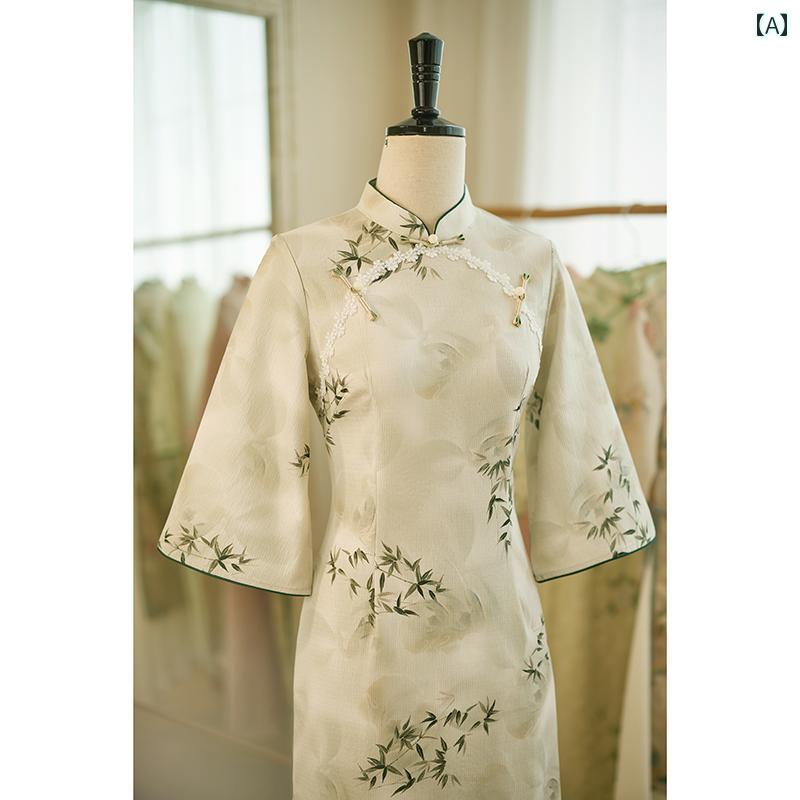 アオザイ チャイナドレス 夏 レディース ワンピース エレガント ミドル丈 7分袖 グリーン カーキ