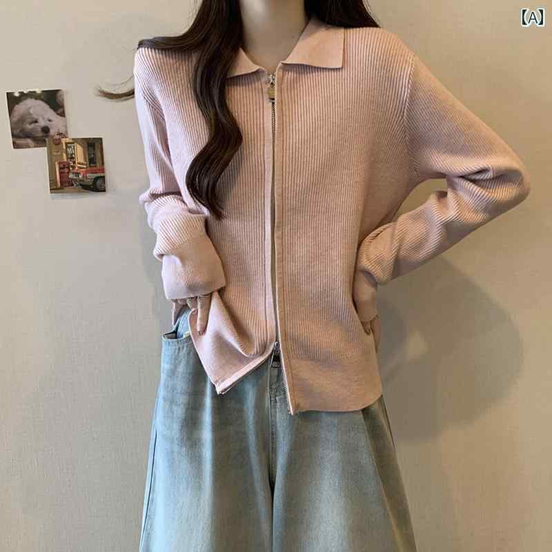 春と 秋の 女性の ための パンプキン カラーの ポロ カラー ニットカーディガン プラス サイズ 脂肪 ミリメートル スリミング ミッド レングス ダブル ジッパー セーター ジャケット