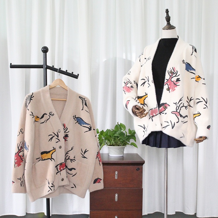 ニットミンクカーディガンセーター レディース 1.3 イミテーションミンク 抜け毛防止コート レディース ミドル丈 秋冬 Vネック 抽象的な鳥