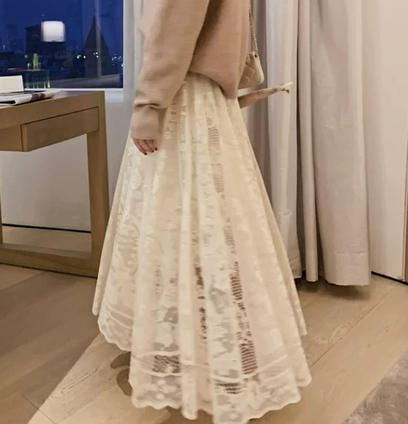 レース 刺繍 シフォンスカート ロングスカート ふんわり チュールスカート ロング丈 フレア セミフレア ウエストマーク 編み込み 透け感 シースルー 薄手 かわいい カジュアル おしゃれ レトロ