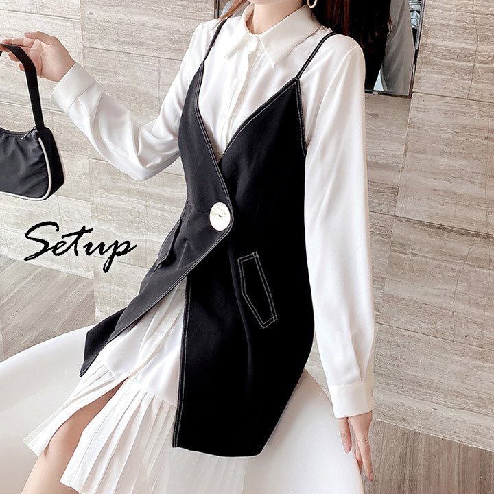 ワンピース シャツワンピース 2ピースワンピース ジレ ひざ丈 巻きワンピース キレイ目シャツ プリーツ裾 重ね着 春夏 バレンタイン 2025 プレゼント