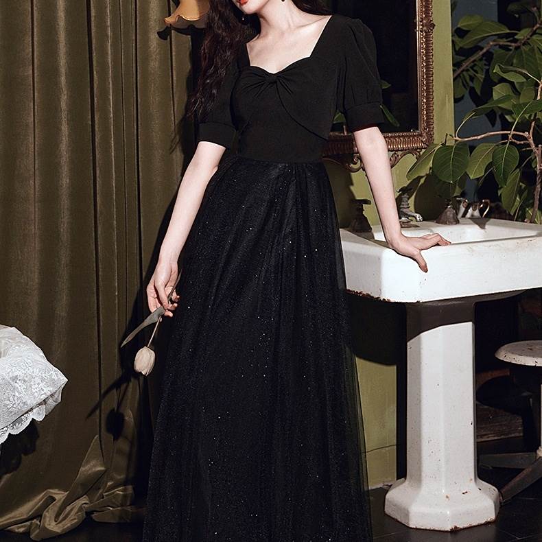 在庫限りドレス レディース パーティードレス フォーマルドレス イブニングドレス カジュアル Aライン ロング チュール シフォン 透け感 シースルー 谷間 胸元 リボン レトロ 袖あり パフスリーブ