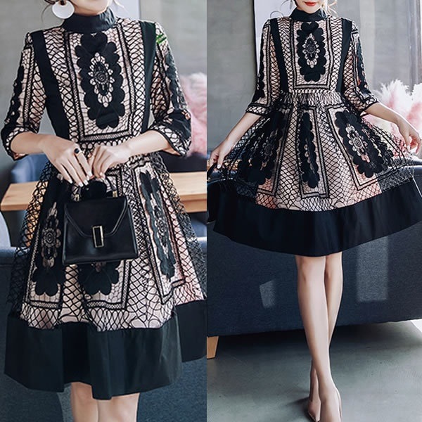 ビッグ割引 クラシカル フラワー 韓国ファッション オルチャンファッション レース オルチャン ワンピース レディース ハイネック ドレス カラー ブラック Myrichmondhelp Richmond Ca