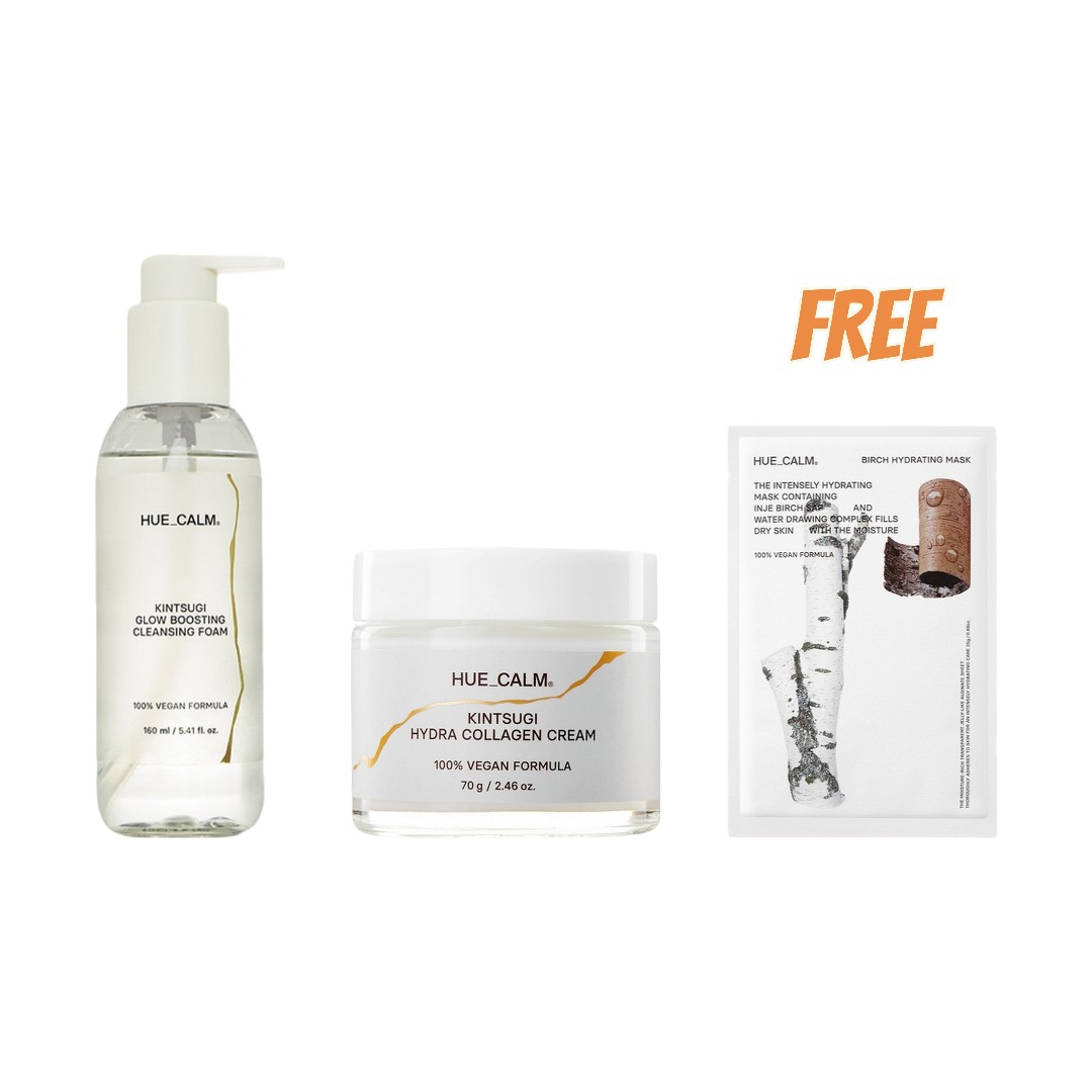 ヒューカーム 3点セット キンツキ ツヤ肌ブースティングクレンジングフォーム160ml＋キンツキ コラーゲン水分クリーム70g＋白樺水分マスク1枚プレゼント