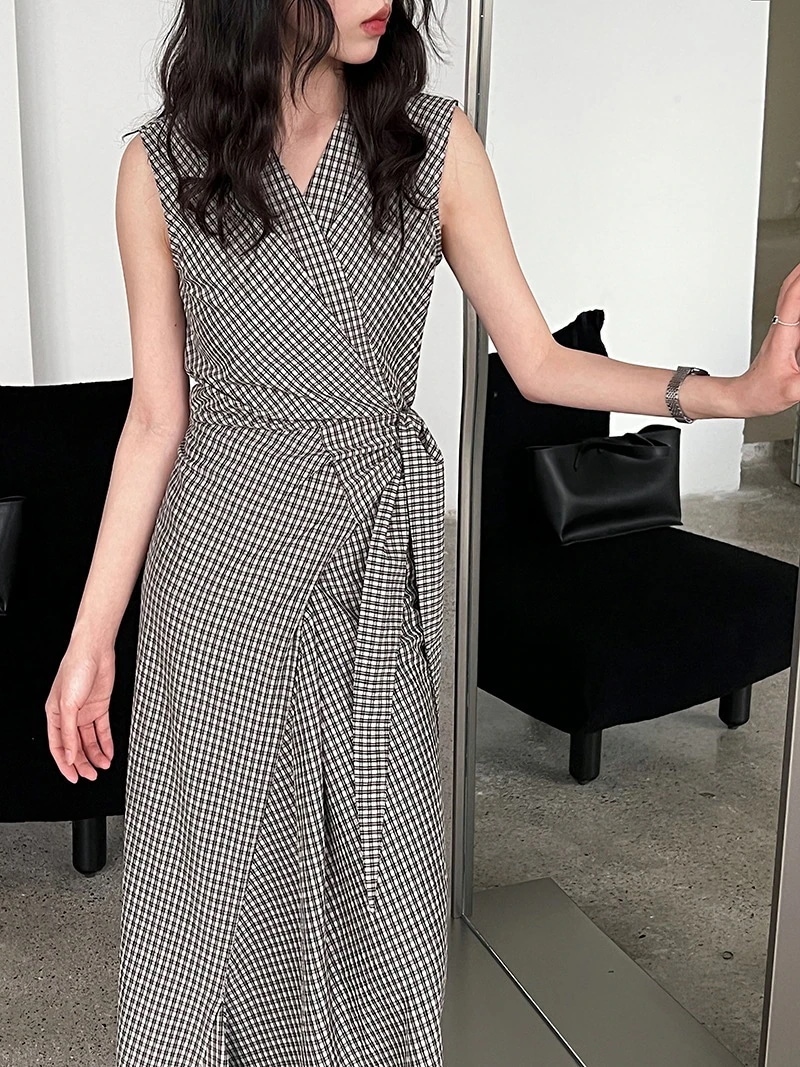 韓国ファッション レディース Vネックワンピース チェックタンクトップワンピース 気質通勤ワンピース ドレスフラワーノースリーブワンピース