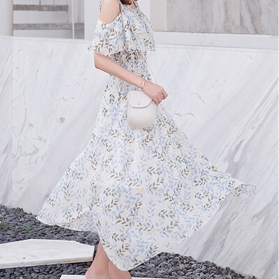 ワンピース ロングスカート フレアワンピース マキシ丈 袖あり 肩だし 七分袖 Vネック フレア Aライン ウエストマーク かわいい きれいめ シンプル カジュアル 大人 上品 おしゃれ お洒落