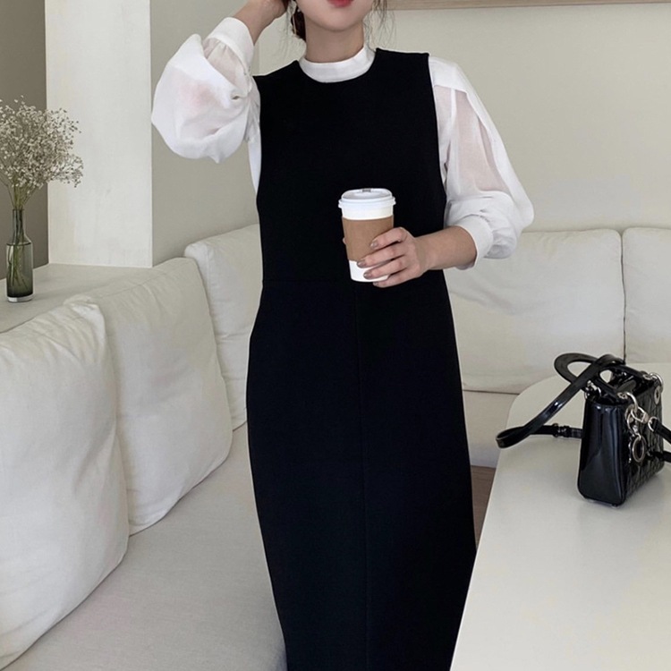 トップス ワンピース シャツ 白シャツ ロング ロング丈 マキシ マキシ丈 袖あり 長袖 ハイネック ストレート 2点セット かわいい きれいめ シンプル カジュアル 大人 上品 おしゃれ お洒落