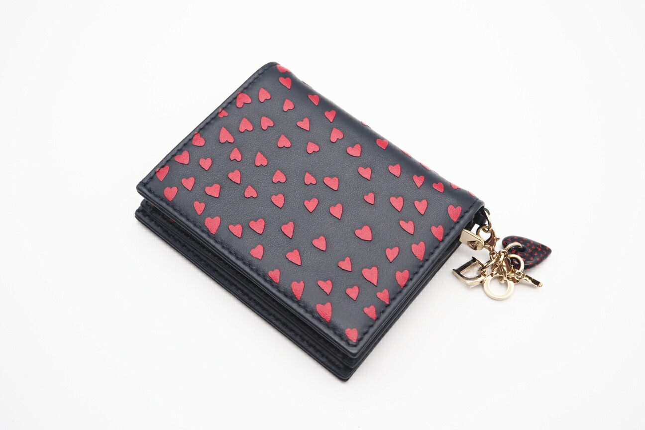 3日以内返品可 極美品 二つ折り財布 レザー I LOVE PARIS レディディオール コンパクトウォレット ネイビー レッド レザー レディース