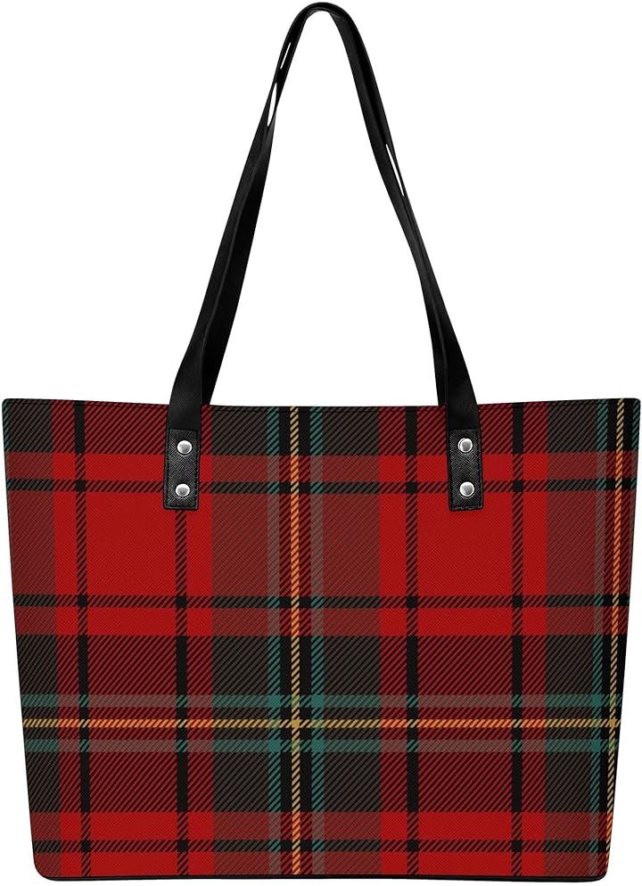 トートバッグ タータンチェック柄 カジュアル ジッパーあり お手入れ簡単なPUレザー使用 外側ポケット付き 防水 撥水 メンズ(レッド, 27.8 cm x 37.7 cm x 14) 5,068円