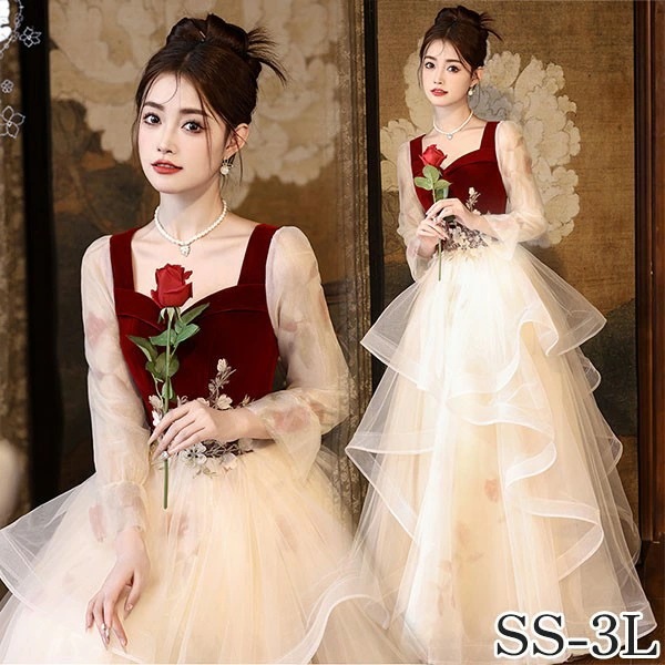 ドレス 大人 ピアノ 発表会 ロング丈 ぽっちゃり 大きいサイズ イブニングドレス 演奏会 ピアノ発表会 袖付き ワンピース Aライン ステージドレス 二次会 女子会 成人式 パーティードレス 大人可