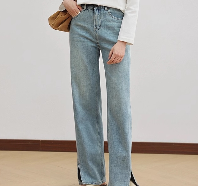 レディース パンツ ボトムス Gパン ストレートパンツ ロング ストリート スリット 切り替えデザイン デニム ブルーデニム かわいい 大人可愛い きれいめ シンプル カジュアル 上品 おしゃれ