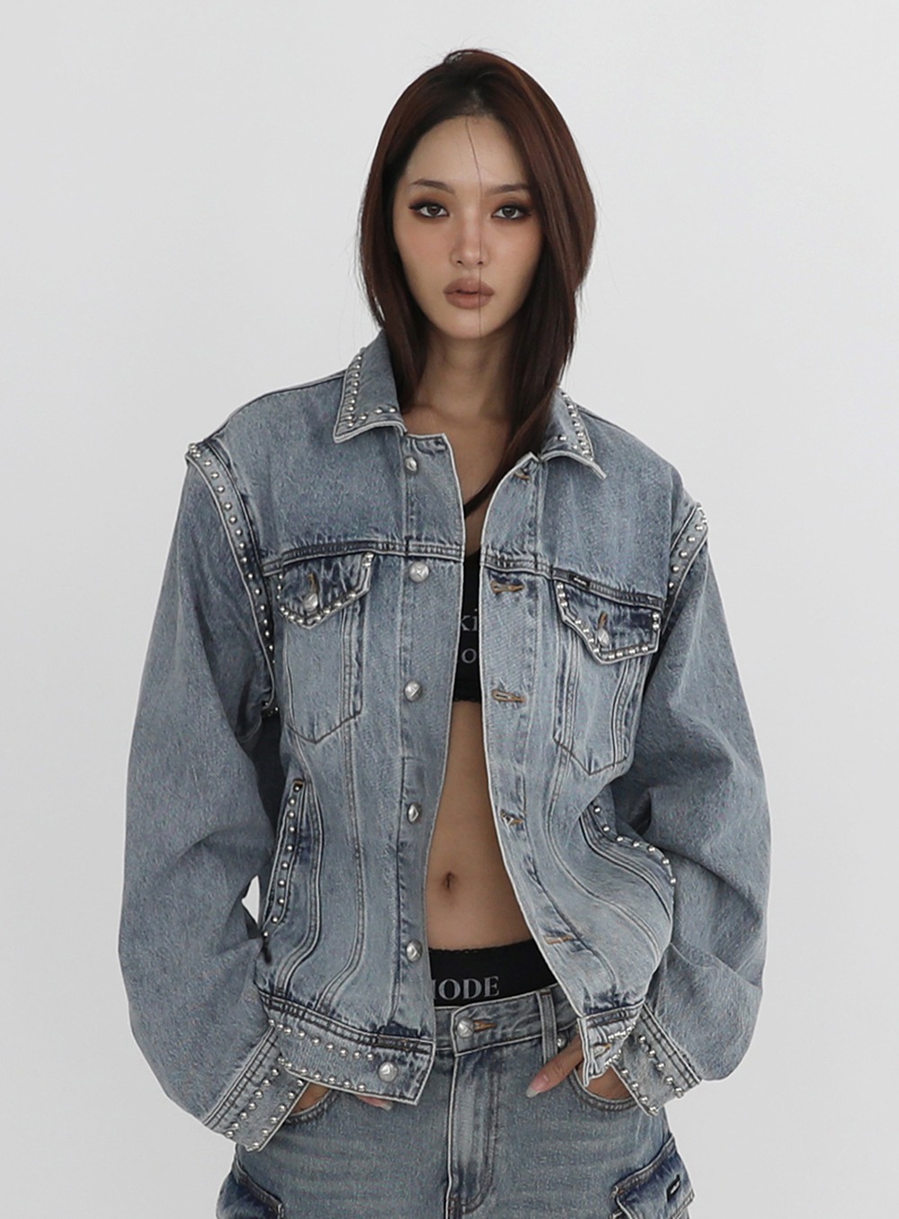 【BADBLOOD】 DETACHABLE SLEEVE STUD DENIM TRACKER LARGE FIT : BLUE