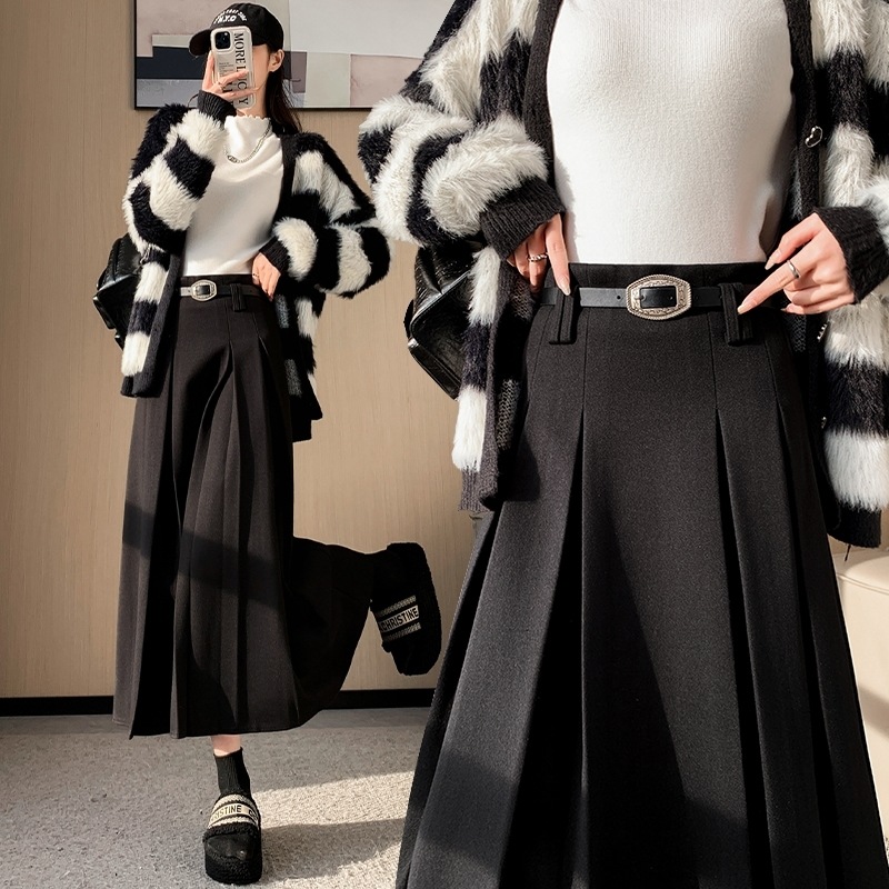 スカート ロングスカート プリーツスカート ミモレ丈 ロング Aライン プリーツ ハイウエスト ベルト付 綿 ポリエステル シンプル 大人 おしゃれ 大人女子 エレガント フォーマル 無地 春 秋 冬