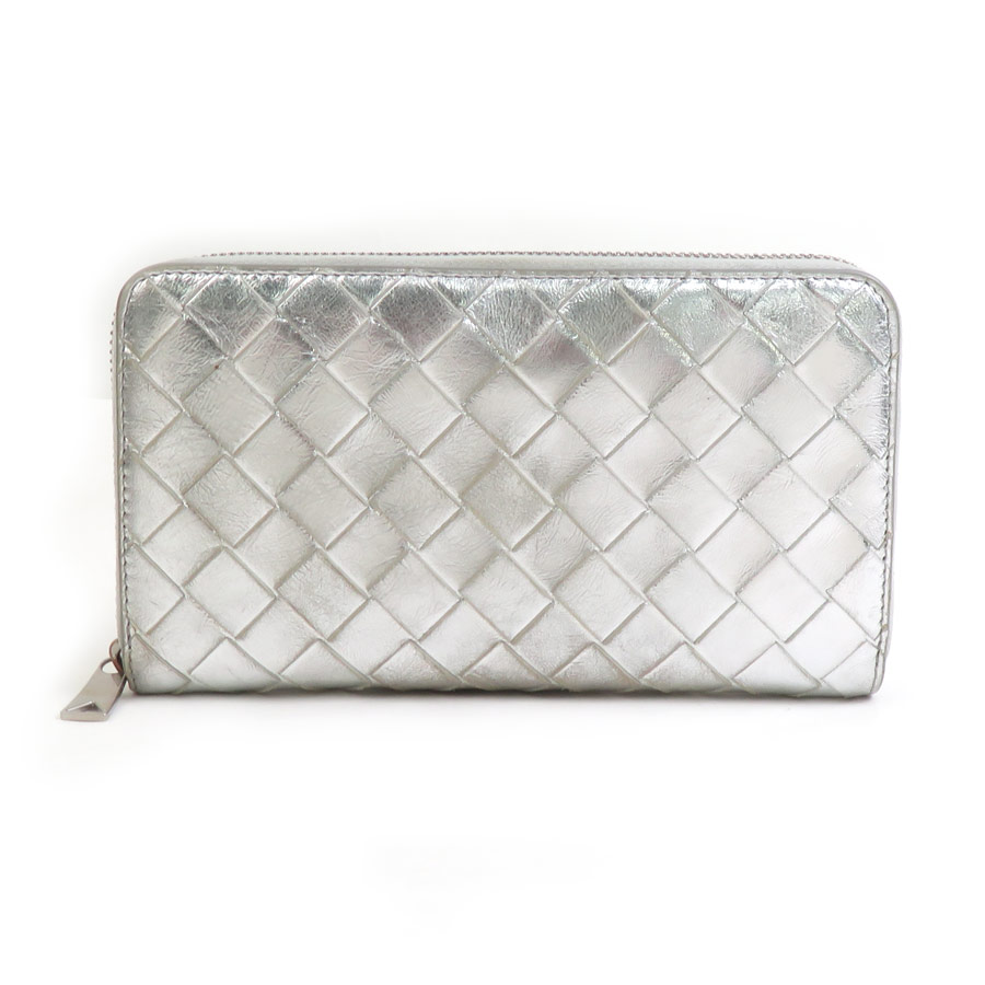 ボッテガヴェネタ BOTTEGAVENETA ラウンドファスナー長財布 イントレチャート レザー シルバー ユニセックス h31637g